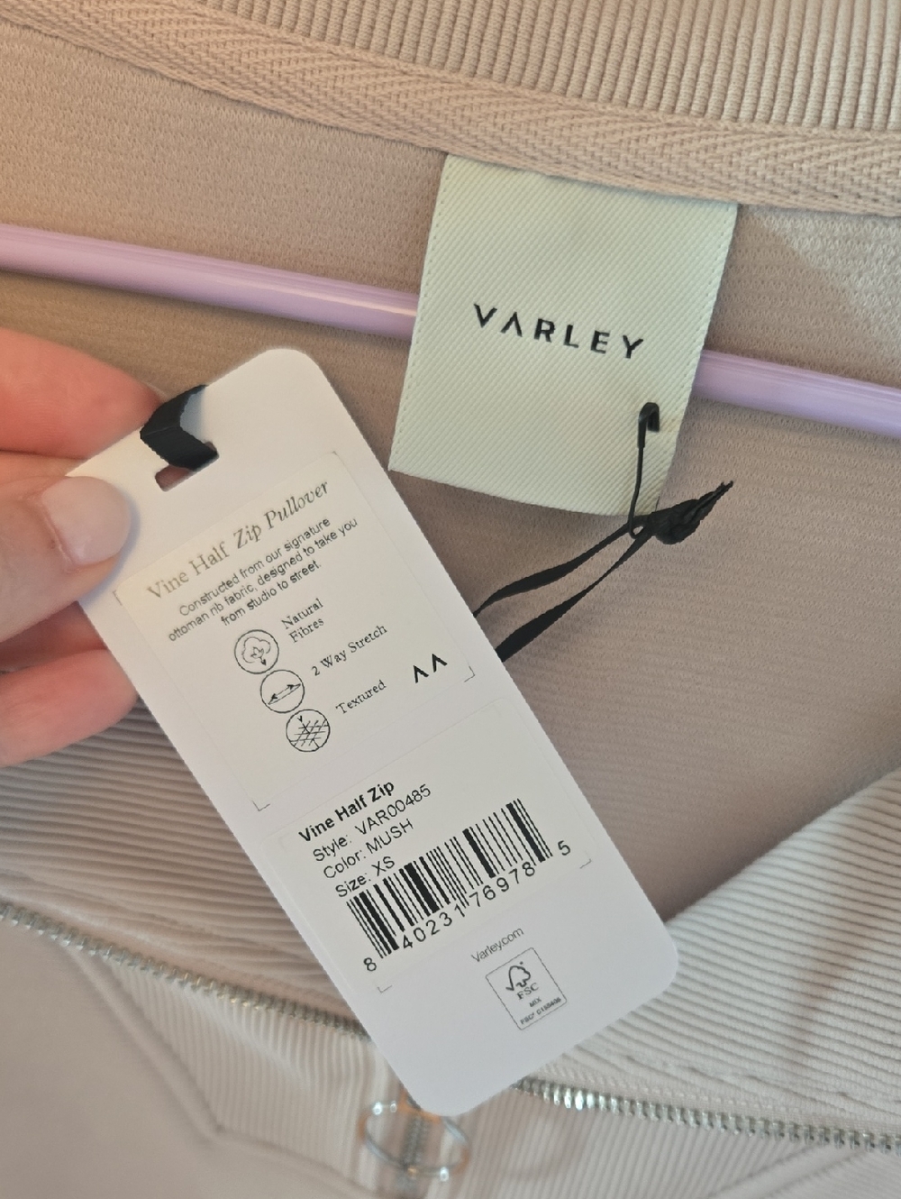 Varley Vine Half Zip Ottoman Rib Pullover in Mushroom Beige - Picture 3 of 4